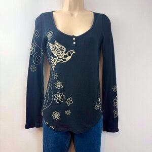 Lucky Brand Black Top with Cream Bird Design